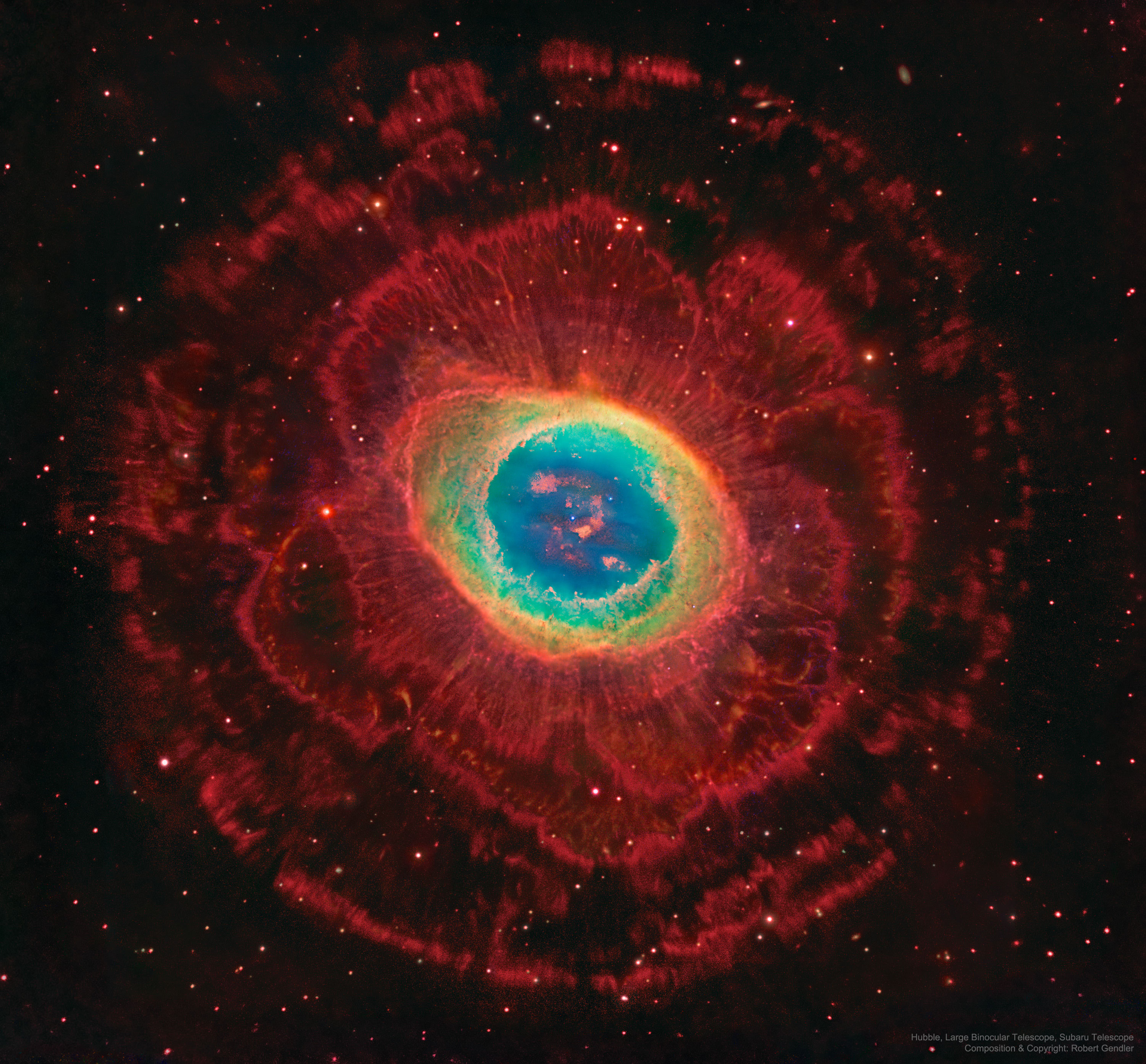 2021 August 18
The picture shows a wide field image M57, the Ring Nebula, showing several outer rings not normally seen. 

Rings Around the Ring Nebula
 * Image Credit: Hubble, Large Binocular Telescope, Subaru Telescope; 
 * Composition & Copyright: Robert Gendler

Explanation: 
The Ring Nebula (M57), is more complicated than it appears through a small telescope. The easily visible central ring is about one light-year across, but this remarkably deep exposure - a collaborative effort combining data from three different large telescopes - explores the looping filaments of glowing gas extending much farther from the nebula's central star. This composite image includes red light emitted by hydrogen as well as visible and infrared light. The Ring Nebula is an elongated planetary nebula, a type of nebula created when a Sun-like star evolves to throw off its outer atmosphere to become a white dwarf star. The Ring Nebula is about 2,500 light-years away toward the musical constellation Lyra. 

Authors & editors: Robert Nemiroff (MTU) & Jerry Bonnell (UMCP)
NASA Official: Phillip Newman Specific rights apply.
NASA Web Privacy Policy and Important Notices
A service of: ASD at NASA / GSFC
& Michigan Tech. U.